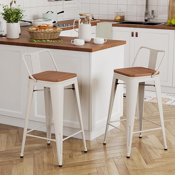 Yongchuang 26 inch Bar Stools Set of 2 Kitchen Counter Height Chairs with Wood Seat Industrial Low Back Metal Barstools Cream White