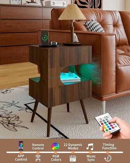 Nightstand with Charging Station and LED Lights,Modern Bedside Table with 2 Storage Drawer,Night Stand with Solid Wood Legs,White (Walnut Brown)