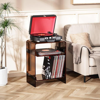 Acrylic Record Player Table with Storage Shelf, Clear Side Table Nightstand (Dark Brown)