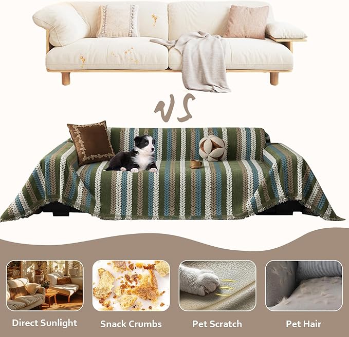 STACYPIK Thick Jacquard Green Couch Cover, Washable Sofa Cover for 3 Cushion Couch, Washable Chenille Couch Cover Blanket, Multi-use Sofa Protector Slipcover, Furniture Protector Pet-Friendly-71X134IN