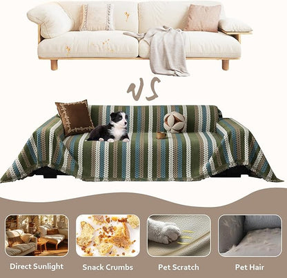 STACYPIK Thick Jacquard Green Couch Cover, Washable Sofa Cover for 3 Cushion Couch, Washable Chenille Couch Cover Blanket, Multi-use Sofa Protector Slipcover, Furniture Protector Pet-Friendly-71X134IN