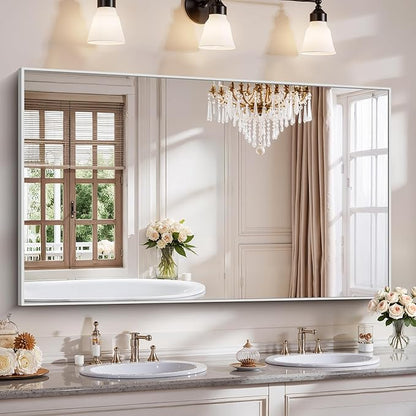 YIROMAN Bathroom Mirror 60"x36", Large Brushed Silver Bathroom Mirror for Over Sink with Aluminum Frame, Rectangular Vanity Mirror with Right Angle, Wall Mirror Hangs Horizontal or Vertical