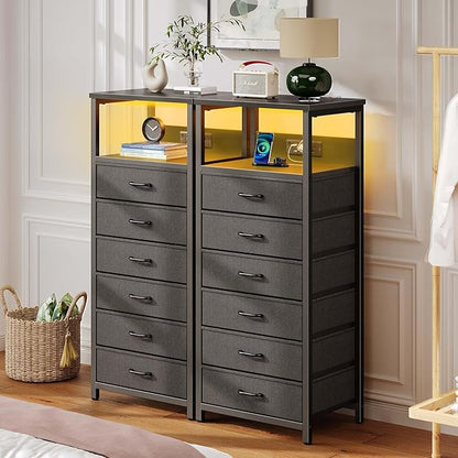 Seventable Night Stand with Charging Station, Tall Nightstand with 6 Fabric Storage Drawers, Side Table with LED Light for Bedroom, Entryway, Black