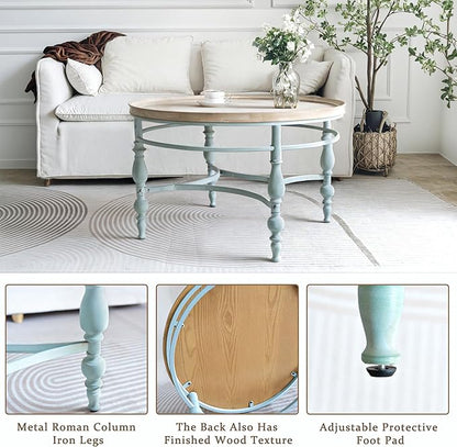 Rustic Farmhouse Round Coffee Table, French Country Vintage Center Table,φ31.5'' x18.9''H Rustic Solid Wood with Vintage Iron Legs, for Living Room, Bedroom,Dinning Room,Nature White