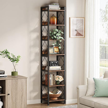 Tribesigns 78.7 Inch Extra Tall Narrow Bookshelf, 7-Tier Skinny Bookcase for Small Spaces, Freestanding Display Shelves, Multifunctional Corner Storage Organizer for Home Office, Rustic Brown