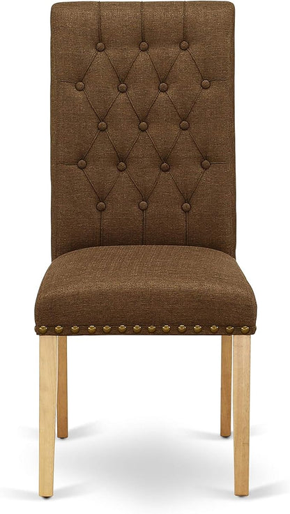 East West Furniture ESBR3-OAK-18 3 Piece Kitchen Table & Chairs Set Contains a Round Dining Room Table with Pedestal and 2 Brown Linen Linen Fabric Parsons Chairs, 30x30 Inch, Oak