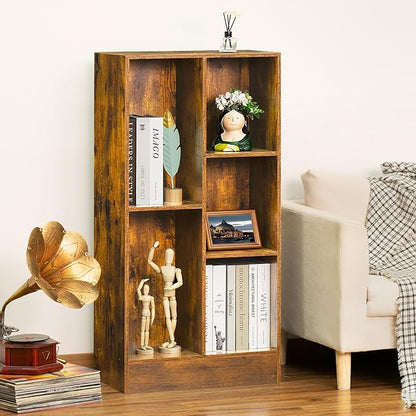 LEYAOYAO 5 Cube Mid-Century Modern Brown Wood Bookcase, 3 Tier Storage Organizer Shelf, Rustic Display Cabinet for Bedroom, Living Room, Office