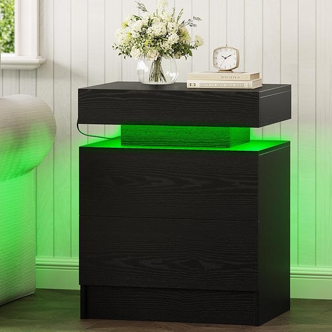 LIKIMIO Night Stand Set of 2, Modern Black Nightstand with with Charging Station, Bedside Tables with LED Light and Drawers, End Table for Bedroom