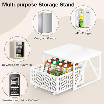 Urban Deco Mini Fridge Stand with Storage, Heavy Duty Fridge Cart with Drawer Basket, Mini Refrigerator Table for 220 LBS, Mobile Fridge Stand with Swivel Wheels for Dorm,Office,Home,White