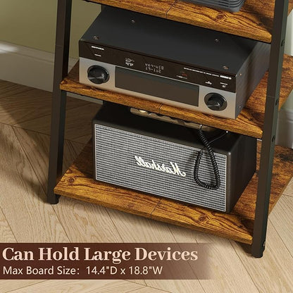 4-Tier AV Media Stand with Power Strips, Heavy Duty Stereo Cabinet Stand with LED Lights, Wooden Record Player Stand with 2 Hooks, Audio Stand Furniture Perfect for DVD Player/Game Console/TV Box/Xbox