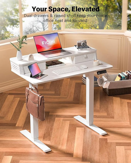 40x24 Inch Standing Desk with Double Drawers, C-Clamp Mount Compatible, Electric Adjustable Height Computer Stand Up Desks, Home Office Sit Stand Table with 3 Preset Heights & 2 Hooks, White