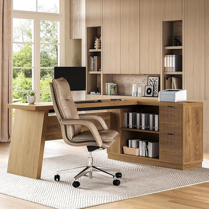 LITTLE TREE 78-Inch L-Shaped Executive Desk, Modern Desk with Drawers & File Cabinet, Large Walnut Office Workstation with Storage Shelves for Home Office
