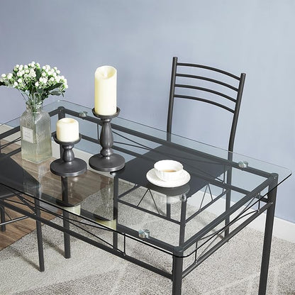 VECELO 5-Piece Kitchen Dining Table Set, Glasses Tabletop & Heavy-Duty Metel Frame, Rectangle Dinette with 4 Chairs for Small Space, Breakfast Nook, Glasses & Black