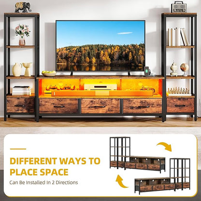 DWVO Entertainment Center with Bookshelves, LED TV Stand for 65/60 inch TV, Retro TV Stand for Living Room with 2 Industrial 4-Tier Bookshelves & Power Outlets,Rustic Brown