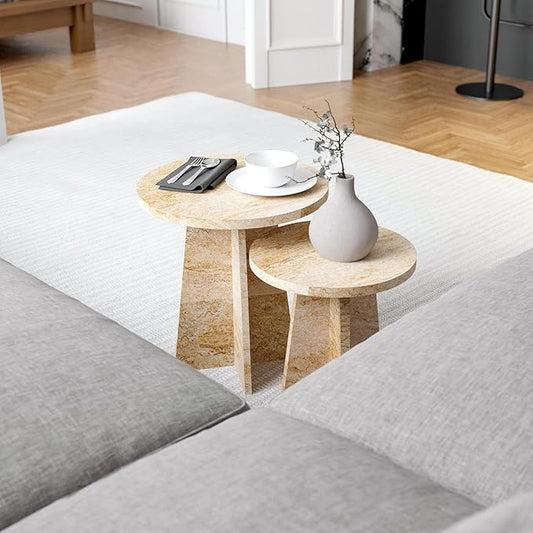 Travertine Efect Round Nesting Coffee Table Set of 2 Modern Coffee Table Small Side Table End Table for Living Room