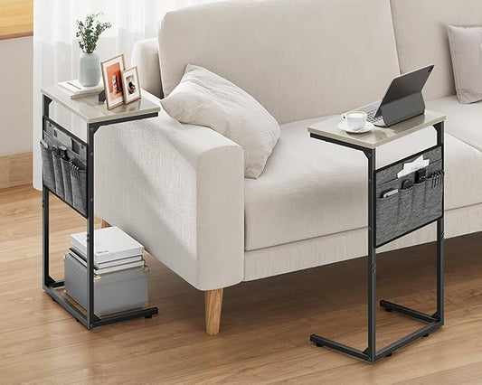Vagusicc C Shaped End Table, 28'' Tall Side Table for Couch, Small Couch Side Table, Tall Arm Chair Table TV Tray Tables Living Room, Slide Under Sofa Table with Metal Frame for Bedroom Small Spaces