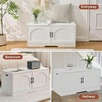 Storage Bench, 39.4" Shoe Bench with Storage, 2 Tier Entryway Bench with 2 Doors, Adjustable Shelf, 39.4" W x 15.8" D x 18.1" H, Holds up to 330lbs for Entryway Living Room Bedroom Hallway, White