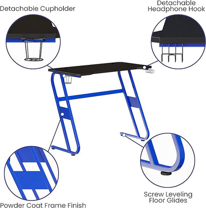 Flash Furniture Fisher Gaming Desk - Blue Ergonomic Computer Desk - 51.5" Gamers Table with Cup Holder and Headphone Hook