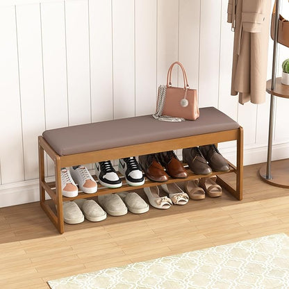 Shoe Storage Bench with Cushion - 2-Tier Shoe Rack Entryway Bench with Flip-Top Storage, Walnut Wooden Shoes Benches Organizer for Entryway, Hallway, Living Room, Bedroom, Closet(Walnut, 39.4" W)