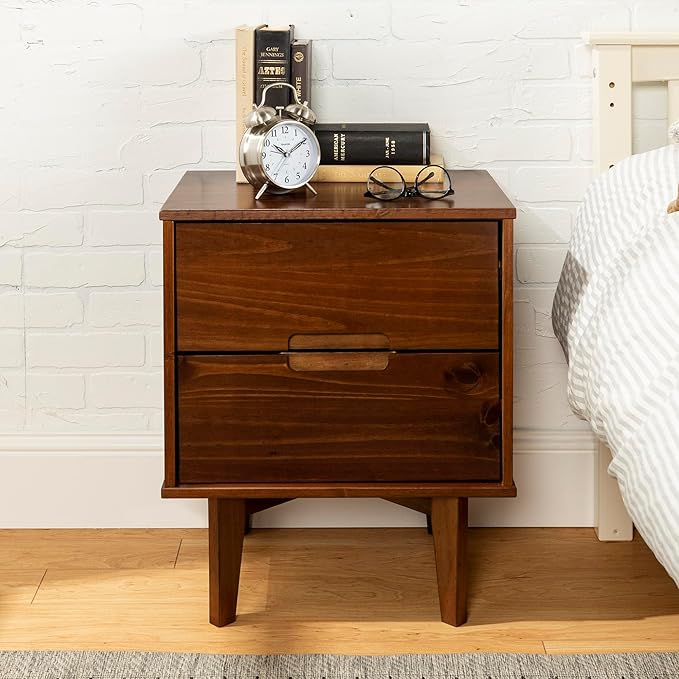 Walker Edison Mid Century Modern Grooved Handle Wood Nightstand Side Table Bedroom Storage Drawer and Shelf Bedside End Table, 2 Drawer, Walnut