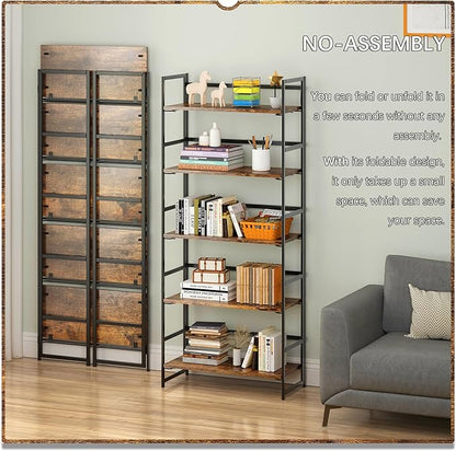 4NM No Assembly 5 Tiers Book Shelves, Black Folding Bookshelf Bookcase Open Industrial Foldable Shelves for Bedroom, Living Room, Home Office - Rustic Brown Black
