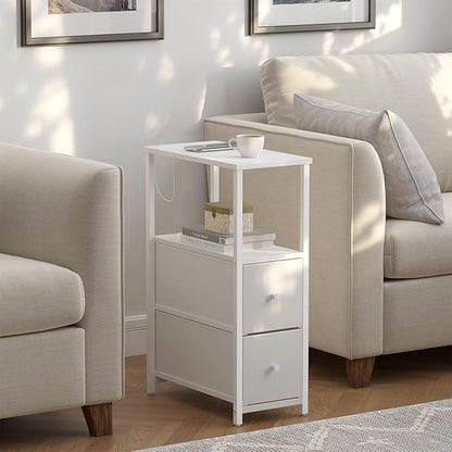 TUTOTAK Small Narrow End Table, Set of 2, Side Table, Nightstand with 2 Cloth Drawers, Couch Table, for Living Room, Bedroom, Bedside, White TB01BW054