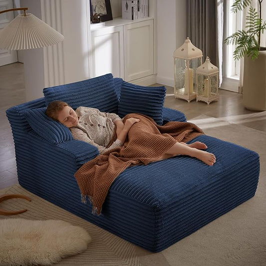 Oversized Chaise Daybed Lounge Sleeper Chair Sofa Full Foam Cloud Chaise Sofabed for Living Room,Luxury Plush Corduroy Upholstered Sleeper Couch Extra Wide Chair Bed W/3 Pillows for Home/Apartment