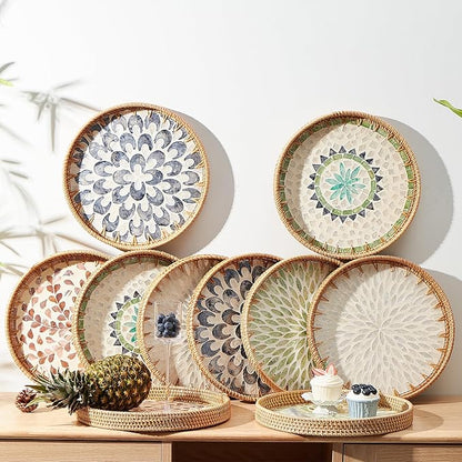 Round Rattan Tray with Mother of Pearl Inlay, Rattan Serving Tray with Wooden Base, Decorative Wicker Basket for Table Decor, Storage and Display of Coffee Bread Food Fruit (Plume)