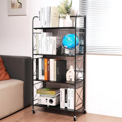 Foldable 5-Tier Metal Shelf with Wheels - Folding Bookshelf Unit for Living Room, Kitchen, Study 12.6" D x 23.6" W x 57.0" H, Matte Black