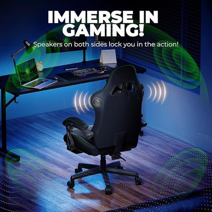 GTPLAYER ACE-PRO Music Gaming Chairs – Built-in Speakers, App Support & Bluetooth Control, Footrest & Pocket, Gamer Chair for Adults, Black & Green Stitch