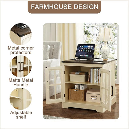 ChooChoo Farmhouse End Table, 24" Large Sofa Side Table with Charging Station & LED Light, Nightstand with Adjustable Storage Shelf, Square Bedside Table for Living Room Beige (Cream Mix with White)