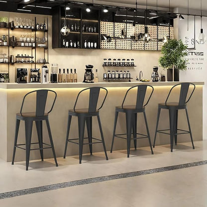 26” Swivel Bar Stools Set of 4, Counter Height Bar Stools Wooden Seat, Metal Industrial Bar Chairs with High Back for Kitchen Island (Black)