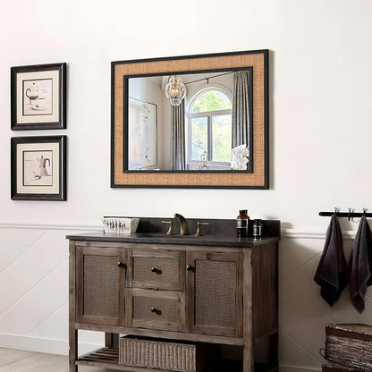 Rattan Wall Mirror with Wooden Framed 24 X 32 inch Farmhouse Rectangle Wood Mirror for Modern Decorative Bathroom, Living Room, Entryway, Bedroom (Black)