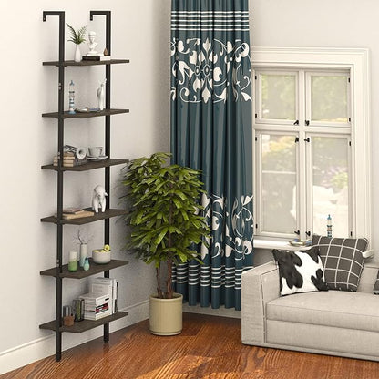 Ladder Shelf Black 6 Tiers Modern Bookshelf Room Organizer Open Tall Wall Mount Bookcase Standing Leaning Wall Shelves Industrial Decorative Living Room Bed Room (Brown)