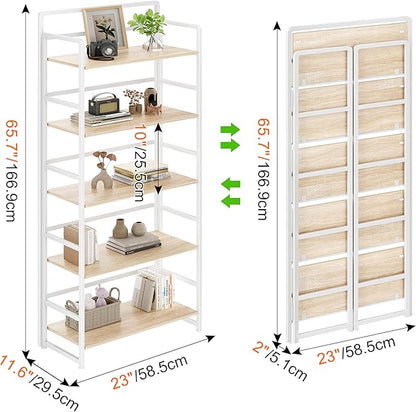 No Assembly Folding Bookshelf, 5 Tiers Collapsible Book Shelf for Home Office, Vintage Wood Foldable Bookcase Storage Organizer for Living Room Bedroom (Beige)