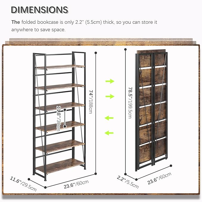 4NM No Assembly Folding Bookshelf, 6-Shelf 74" H Collapsible Foldable Bookcase Storage for Small Spaces, Rustic Brown and Black