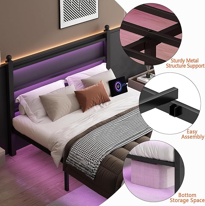 Full Size Bed Frame with Headboard and Footboard,Steel Slats Support-LED Bed Frame with USB Charging Station,Mattress Foundation-Under Bed Storage, No Box Spring Needed,Noise Free,Black