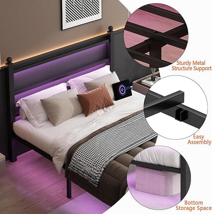 Queen Bed Frame with Headboard and Footboard,Steel Slats Support-LED Bed Frame with USB Charging Station,Mattress Foundation-Under Bed Storage,No Box Spring Needed,Noise Free,Black