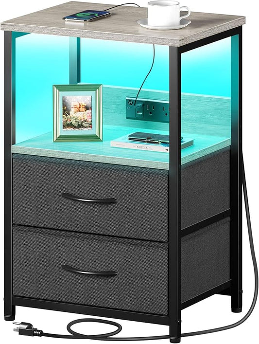 Seventable Nightstand Set of 2 with Charging Station, Bedside Table with LED Lights, Night Stand with 2 Fabric Drawers, 3-Tier Storage End Table for Bedroom, Greige