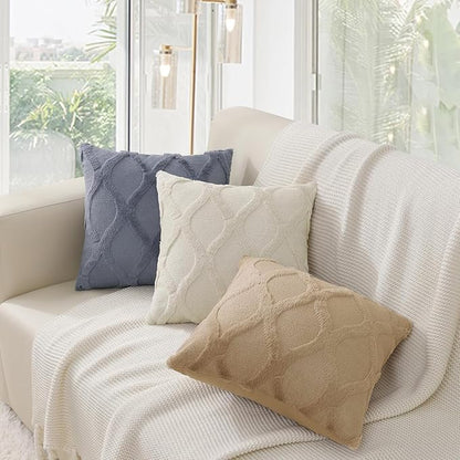 decorUhome Throw Pillow Covers 24x24 Inch Set of 2, Soft Plush Faux Fur Wool Beige Couch Pillow Covers, Decorative Neutral Pillow Cases for Bed Sofa Living Room Home Decor