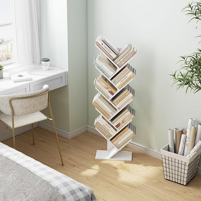 Hoctieon 10 Tier Tree Bookshelf, 10 Shelf Bookcase, Free Standing Tree Bookcase, Display Floor Standing Shelf for Books, Book Organizer Shelves for Home Office, Living Room, Bedroom, White