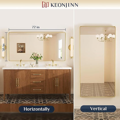 Keonjinn Brushed Gold Bathroom Mirror 72” x 36” Large Gold Bathroom Vanity Mirrors, Oversized Rounded Rectangle Mirror with Shatterproof HD Tempered Glass, Aluminum Alloy Frame(Horizontal/Vertical)