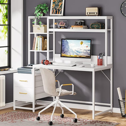 Tribesigns 55 Inch Computer Desk with 2 Drawers and Storage Shelves, Rustic Office Desk with Hutch, Study Writing Gaming Table Laptop Workstation for Home Office (White)