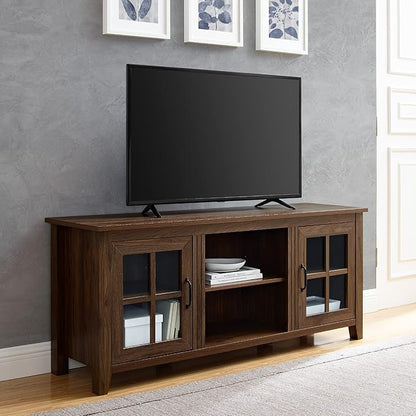 Walker Edison Dakota Modern Farmhouse 2 Glass Door Stand for TVs up to 65 Inches, 58 Inch, Dark Walnut