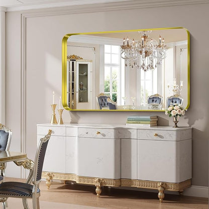 FORBATH 60x36 Inch Large Bathroom Mirror for Double Sinks, Brushed Gold Deep Frame Wall Mirror with Rounded Corners, Anti-Rust Tempered Glass for Modern Farmhouse Vanity (Horizontal/Vertical)