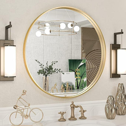TokeShimi Brushed Gold Round Mirror 24 Inch Gold Round Vanity Bathroom Mirror for Wall Aluminum Alloy Matte Metal Frame Modern Gold Circle Mirror Fit in Minimalist Multi Style Home Decor