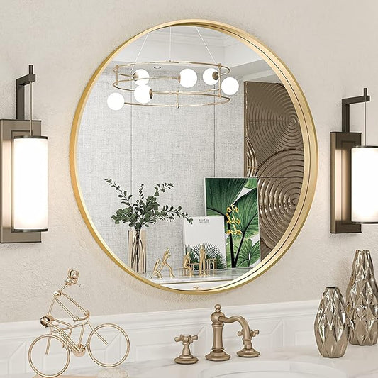 TokeShimi Brushed Gold Round Mirror 24 Inch Gold Round Vanity Bathroom Mirror for Wall Aluminum Alloy Matte Metal Frame Modern Gold Circle Mirror Fit in Minimalist Multi Style Home Decor