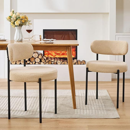 Dining Chairs Set of 6, Beige Boucle Dining Chair, Curved Backrest Upholstered Dining Room Chairs with Black Metal Legs, Mid Century Modern Dining Chairs for Kitchen, Living Room, Beige