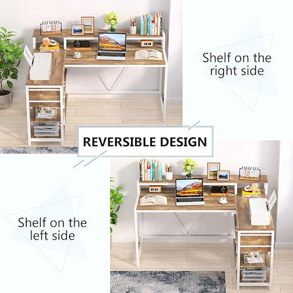 Tribesigns L Shaped Desk with Drawers and Monitor Stand, L Corner Desk with Storage Shelves, Beige Wooden PC Table for Samll Home Office