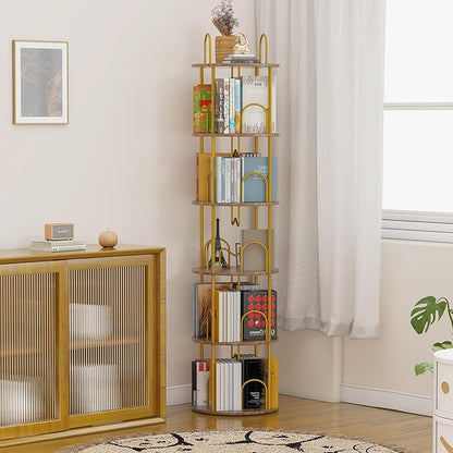 5 Tier Rotating Bookshelf, 360° Spinning Bookshelf Tower, Round Narrow Space Saving for Books and Display, Revolving Bookcase Corner Tall Book Shelf for Small Spaces, Bedroom, Living Room, Gold